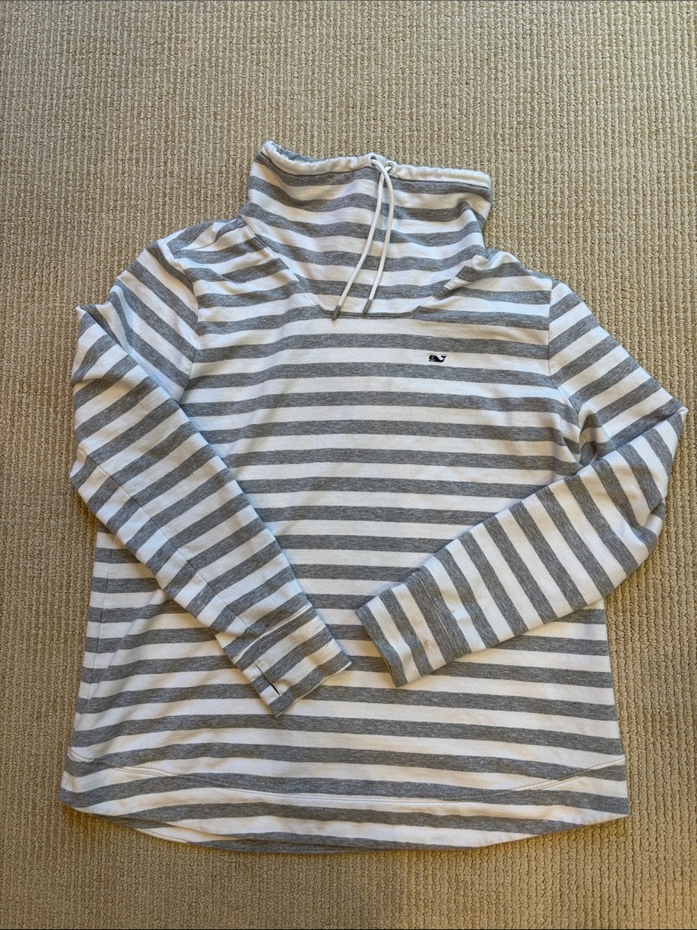 Vineyard Vines Gray and White Striped Funnel Neck Pullover